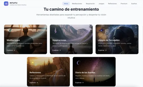 Vista de escritorio de la app con las cinco secciones del camino de entrenamiento